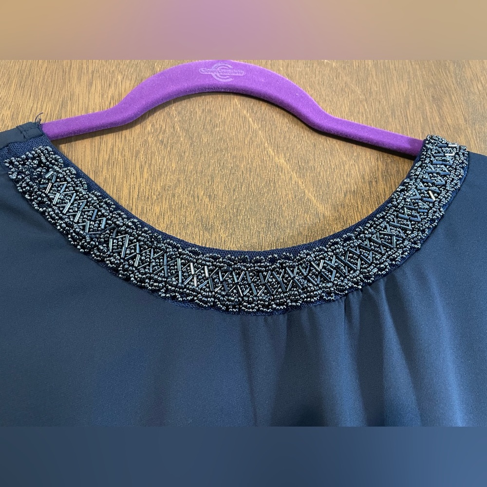 Charolette Russe dark blue beaded neckline shirt top blouse size XL